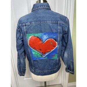 St Johns Bay Denim Jacket Art To Wear Womens Hearts Embellished Blue Western M